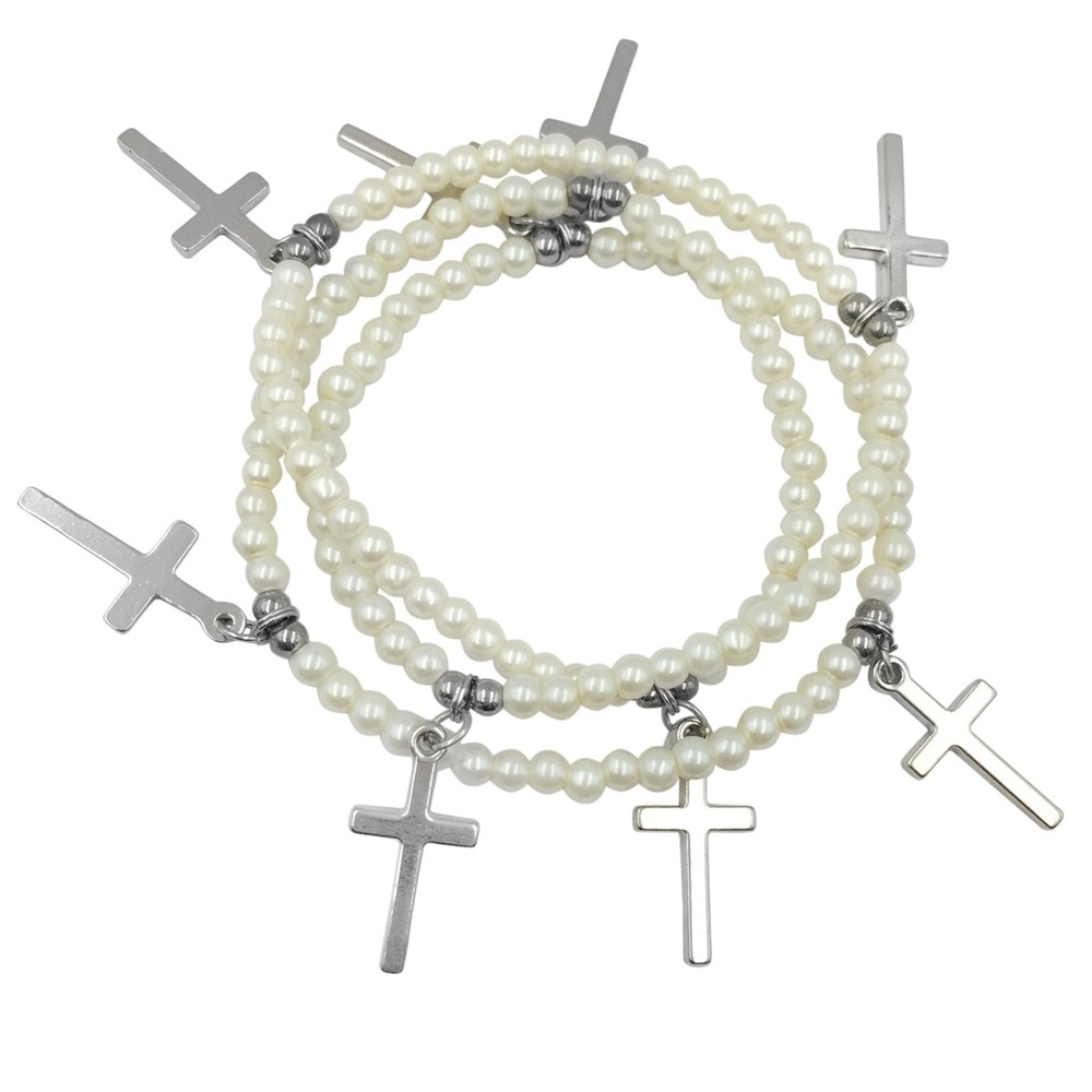 Imitation Pearl Stretch Wrap Christian Cross Dangle Charms Bracelet or Necklace